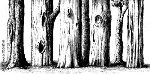 Seamless pattern of tree bark textures in vintage engraving style for design and decor