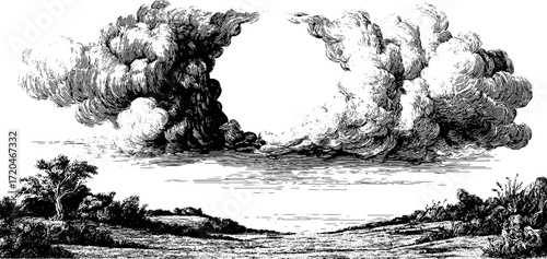Vintage landscape scene with swirling smoke and clouds for retro design
