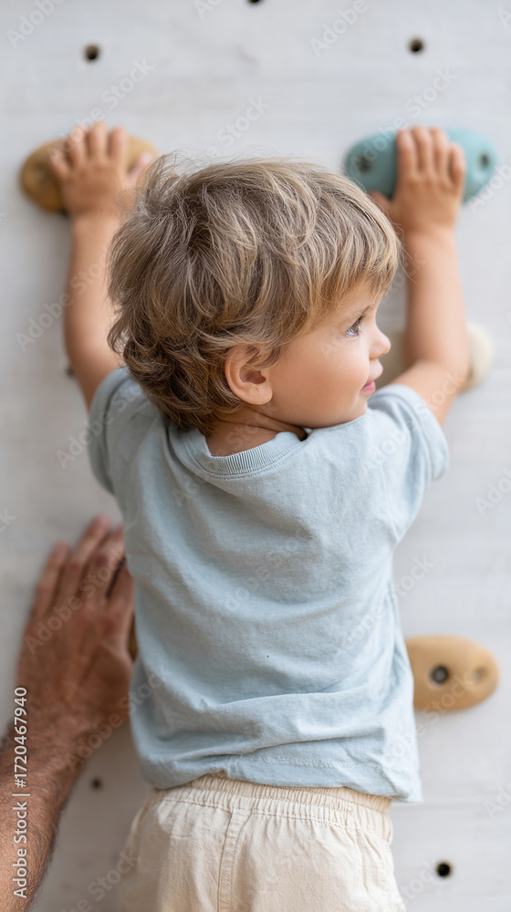 Fototapeta premium Child climbing adventure on indoor rock wall - encouraging active play and growth