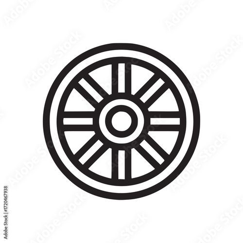 Illustration of a simple wagon wheel the design features a circular shape with spokes radiating from the center, creating a classic and timeless symbol of transportation and history