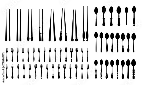 set of Cutlery Icon Silhouette, Spoon Fork Knife and Chopsticks silhouette vector illustration