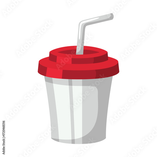 A cartoon illustration of a white disposable cup with a red lid and a white straw