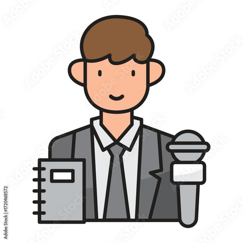 A cartoon man in a suit holds a microphone and a notepad