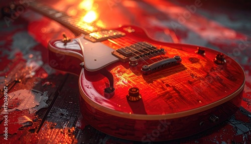 Red Electric Guitar on Wooden Surface with Warm Lighting