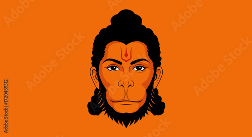 Illustration of the hindu god hanuman on orange background.
