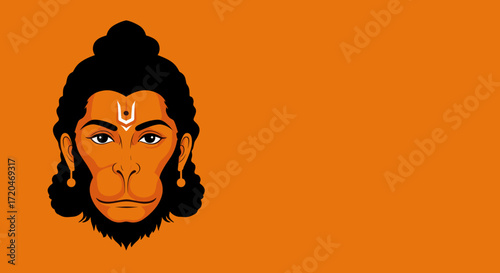 Illustration of hanuman face on an orange background.