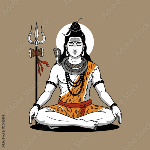 Lord shiva meditating with trishul and snake. Hinduism god.