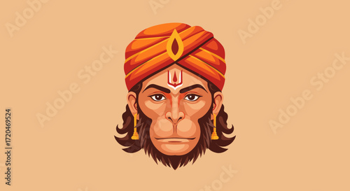 Hanuman face with turban. Hindu god vector illustration.