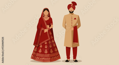 Illustration of an indian couple dressed in traditional wedding attire.