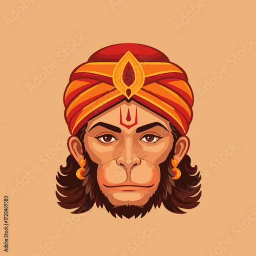 Hanuman face wearing turban, hindu god, vector illustration.