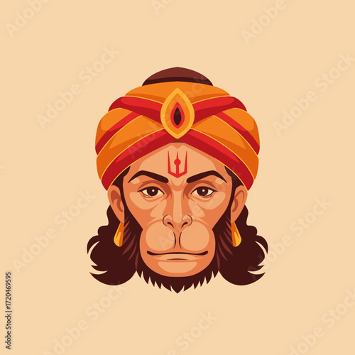 Hanuman face with traditional headdress and tilak mark.