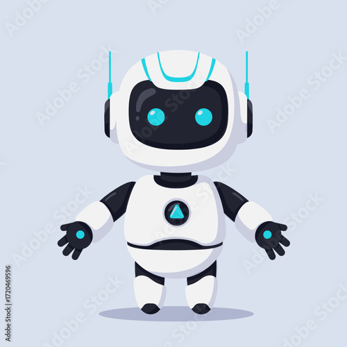 Cute cartoon robot character with antennas and glowing blue eyes.