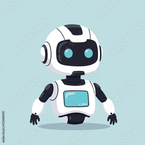Illustration of a white and black cartoon robot character.