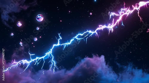 Cosmic lightning storm with floating orbs