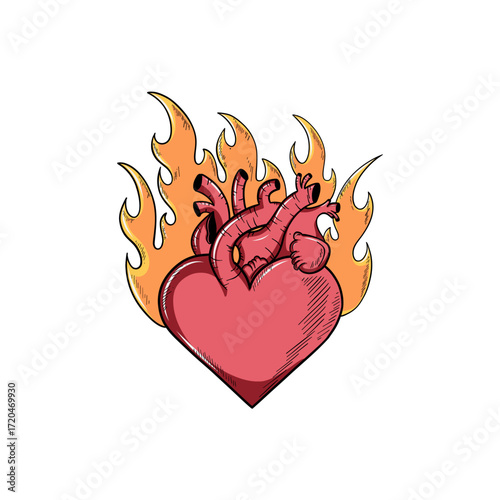 Hand drawn illustration of heart burning, Vector illustration