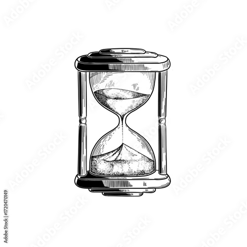 Hourglass. Black and white hand drawn sketch vector illustration isolated on white background, Sand watch glass engraving vector illustration.