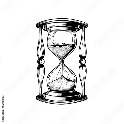 Hourglass. Black and white hand drawn sketch vector illustration isolated on white background, Sand watch glass engraving vector illustration.