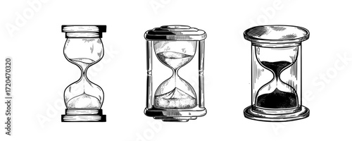 Set of Hourglass. Black and white hand drawn sketch vector illustration isolated on white background, Sand watch glass engraving vector illustration.