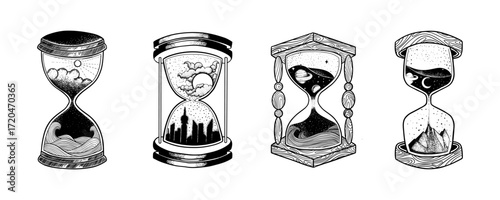 Set of Hourglass with nature element inside. Black and white hand drawn sketch vector illustration isolated on white background, Sand watch glass engraving vector illustration.