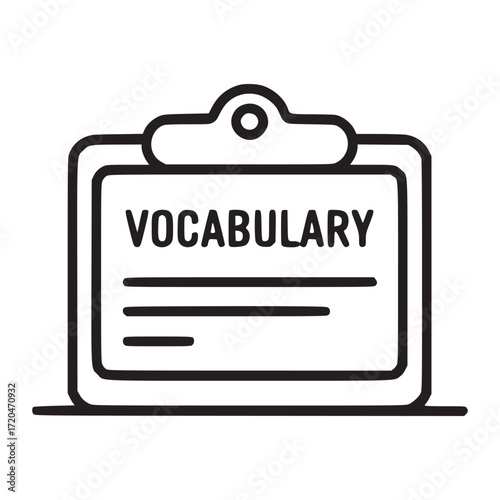 Illustration of a clipboard with the word vocabulary and lines on it, represents learning, education, language, and terminology in a simple, minimalist style