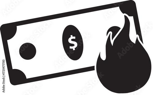 Burning dollar bill icon for financial crisis concept