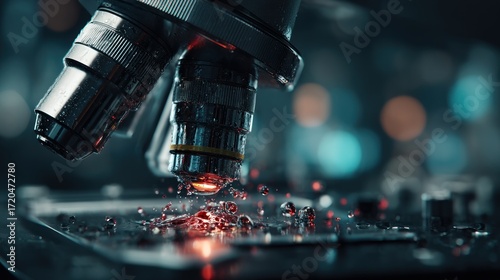 Close-up of a microscope lens examining a sample with splashing drops