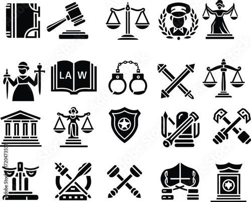 A collection of black and white glyph icons representing law, justice, and the legal system.