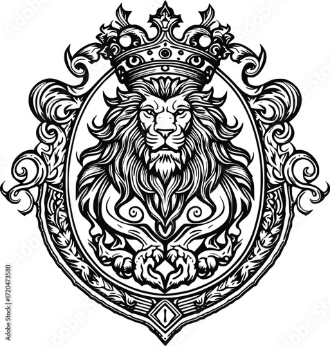 A majestic crowned lion head in an ornate baroque frame, a regal heraldic crest illustration.