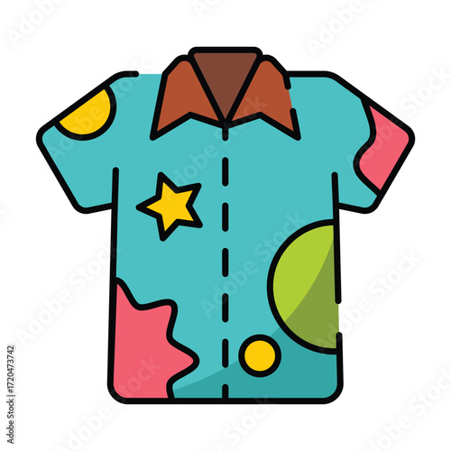 A cartoon shortsleeved buttonup shirt with a colorful pattern
