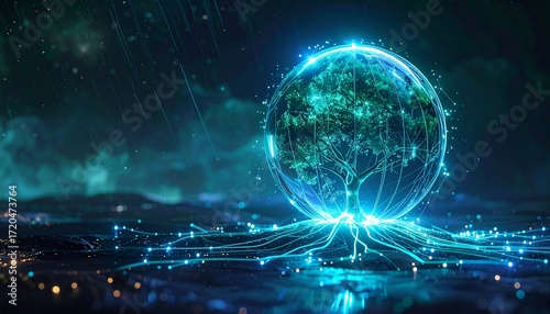 Luminous biosphere containing vibrant tree on digital plane