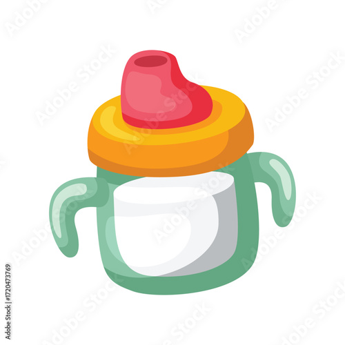 A cartoon sippy cup with a pink nipple yellow lid and teal body