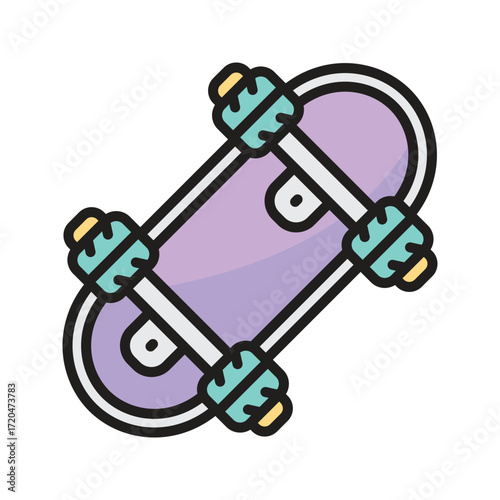 A cartoon skateboard with a purple deck and teal and yellow wheels