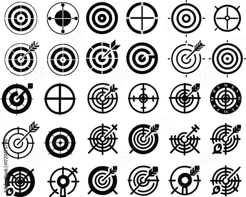 A collection of thirty-six black and white vector icons showing various target and bullseye designs with arrows and crosshairs.