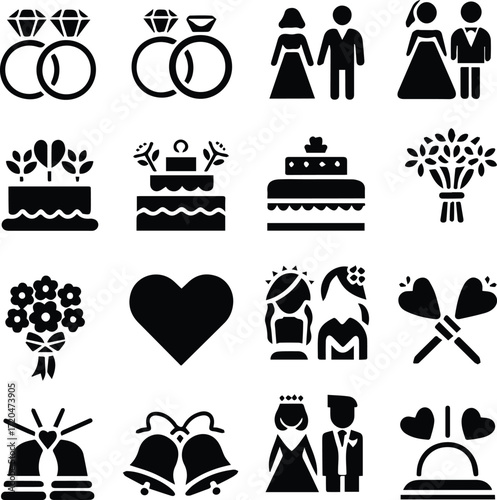 A collection of black silhouette icons representing various wedding and marriage symbols.