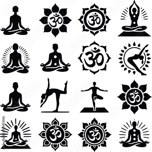 A collection of black silhouettes depicting various yoga poses, meditating figures, and spiritual Om symbols enclosed within lotus flower designs.