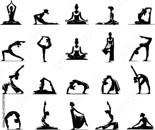 A collection of twenty stylized black silhouettes of women performing various yoga asanas and meditation poses.