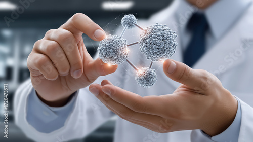 Innovative scientist holding molecular structure, showcasing advanced research chemistry and biology, symbolizing scientific discovery