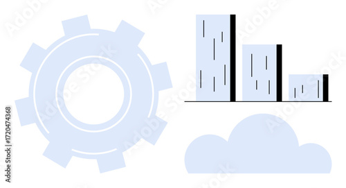 Gear representing optimization, bar chart for analytics, cloud icon for storage and computing. Ideal for technology, innovation, business strategy, data management, digital tools, productivity