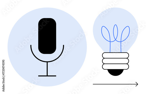 Microphone and lightbulb with sprouting leaves inside, symbolizing innovation, creativity, audio, communication, technology, sustainability, growth, and simple flat metaphor