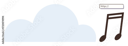 Cloud with a browser URL bar and music note symbolizing online music storage, streaming, or download. Ideal for streaming service, digital music, technology, cloud storage, connectivity, innovation