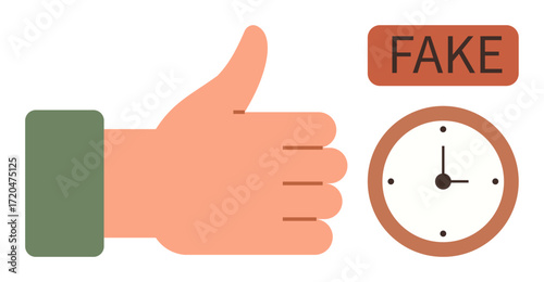 Thumbs-up hand beside clock and fake tag highlighting approval and deception concepts. Ideal for authenticity, time, trust, risk, decision-making, ethics, misinformation. Flat minimal metaphor
