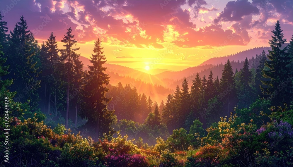 Obraz premium Vibrant Sunset over Misty Mountain Forest