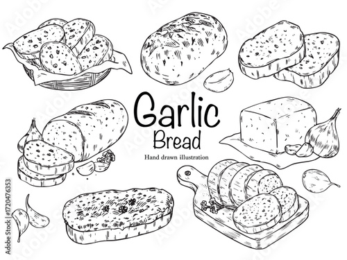 Set of hand drawn garlic bread, garlic and butter outline drawing illustration