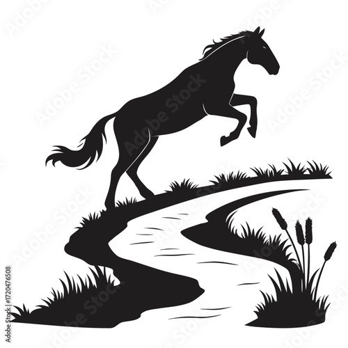 Horse jumping over stream silhouette