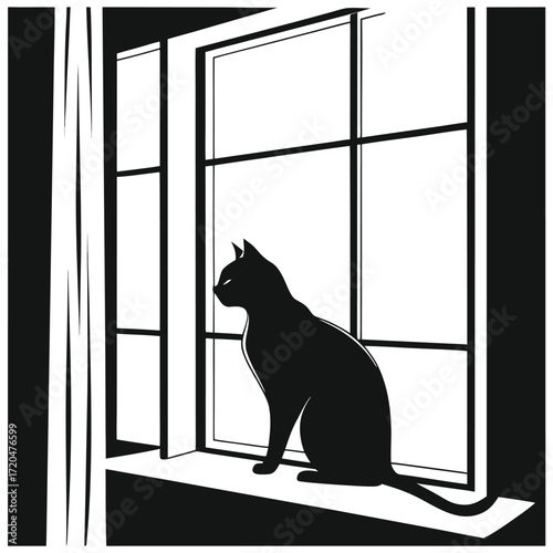 Cat sitting on window sill silhouette