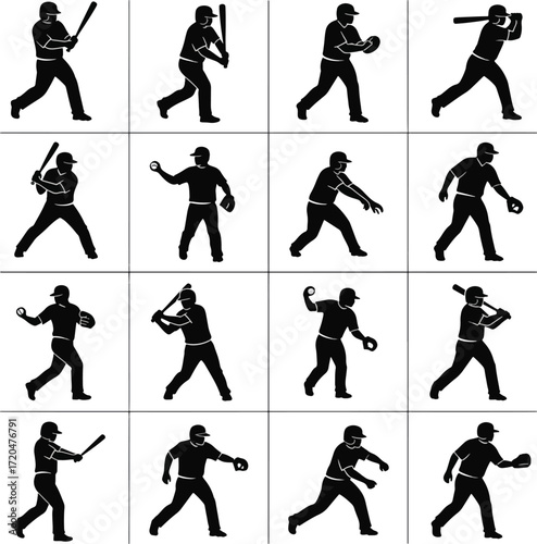 Baseball Player Silhouettes Set Action Poses