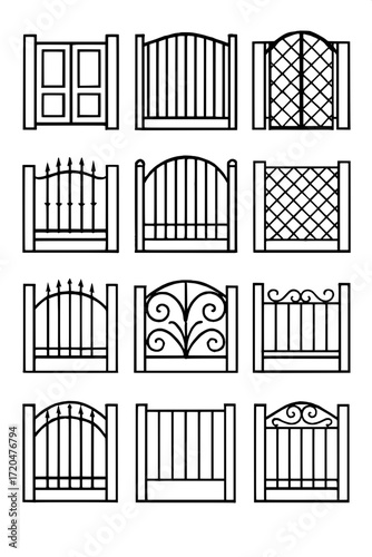 Twelve distinct gate designs arranged in a grid, rendered in clean vector-style black-and-white, frontal view, featuring panels, slats, arches, and ironwork, simple architectural illustration, technic
