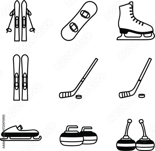 Winter Sports Equipment Line Icons Collection