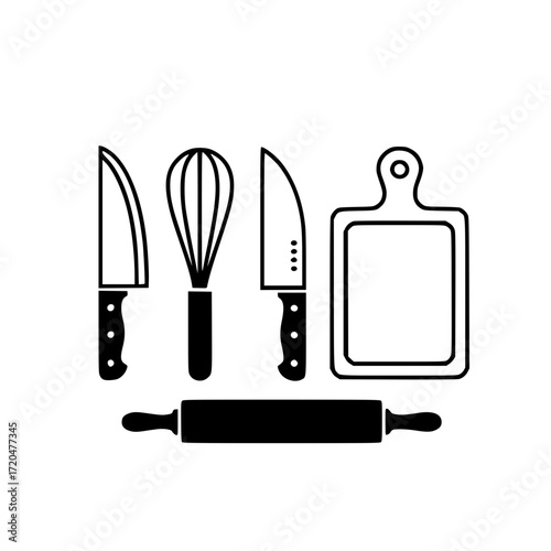 assorted kitchen tools including knives, whisk, rolling pin and cutting board.