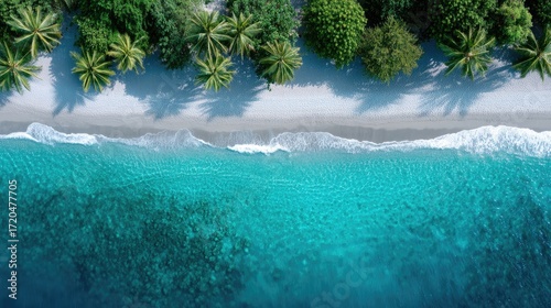 Aerial View of Turquoise Ocean Water Waves Lapping onto White Sand Beach with Green Palm Trees on Tropical Island Shoreline in Sunlight